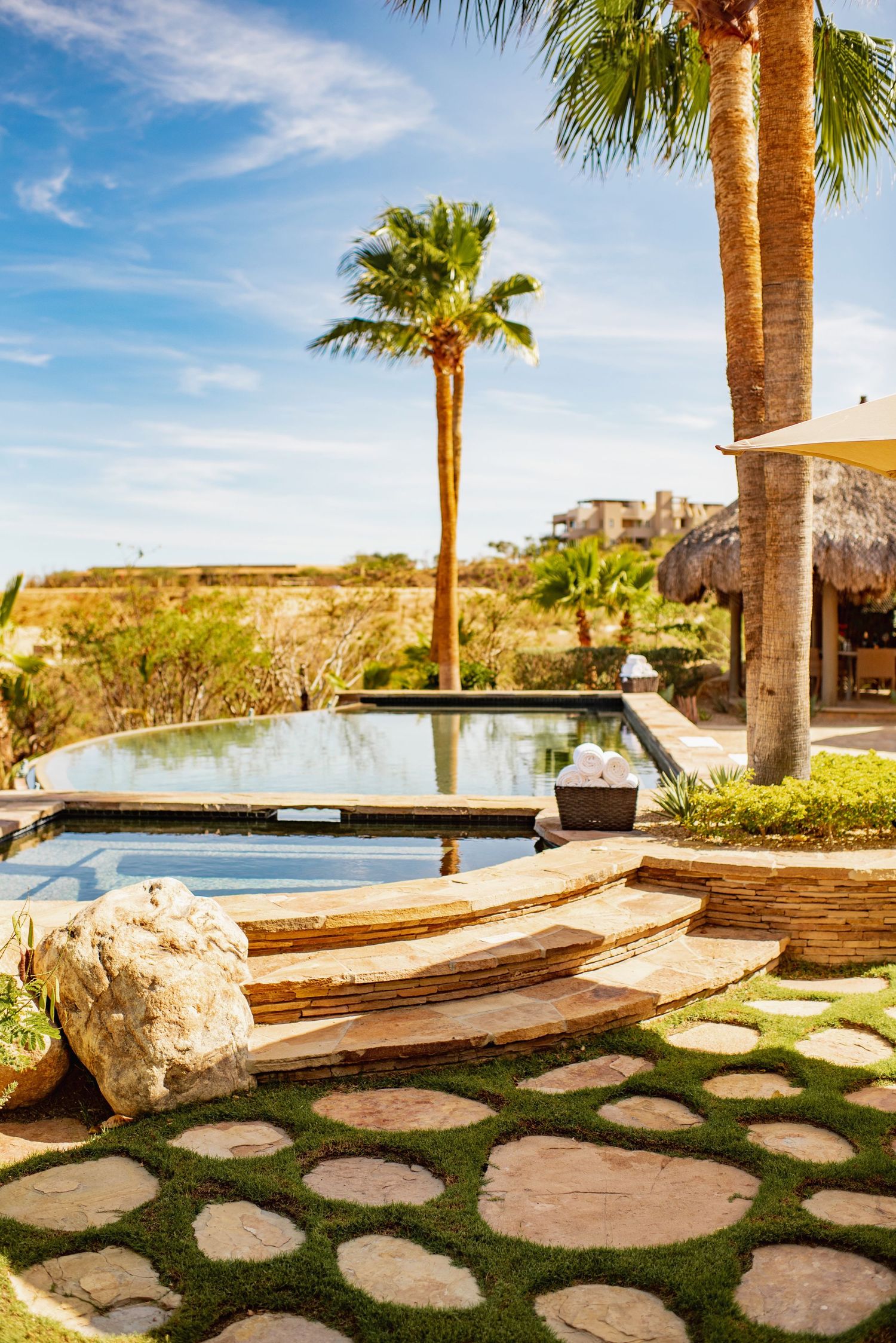 Luxury poolside patio at Montage Los Cabos in Mexico with palm trees and stone pathway overlooking ocean view.