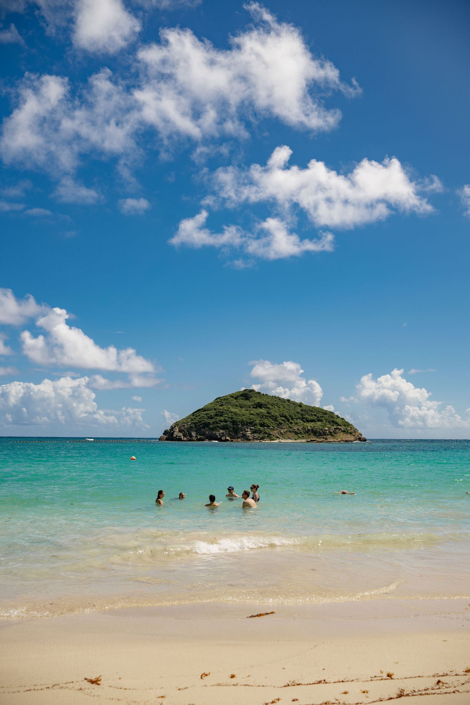 Tropical beach with turquoise waters and small island, with swimmers enjoying the crystal clear Caribbean sea.