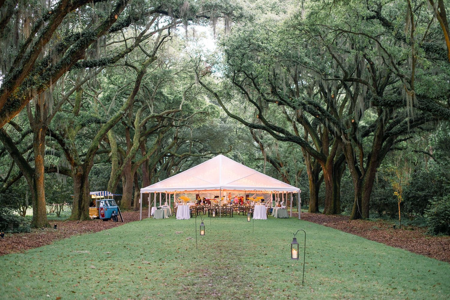 White wedding tents set up in a lush green park with tall oak trees creating a natural canopy overhead.