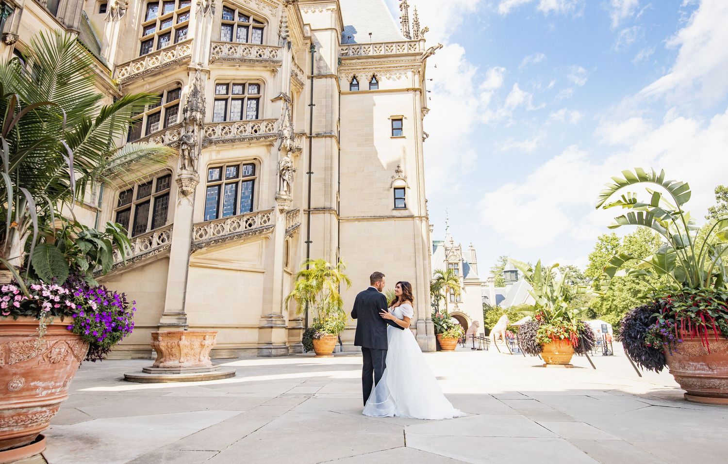 A panoramic collage of a grand historic building exterior with stone architecture and ornate details in daylight.
