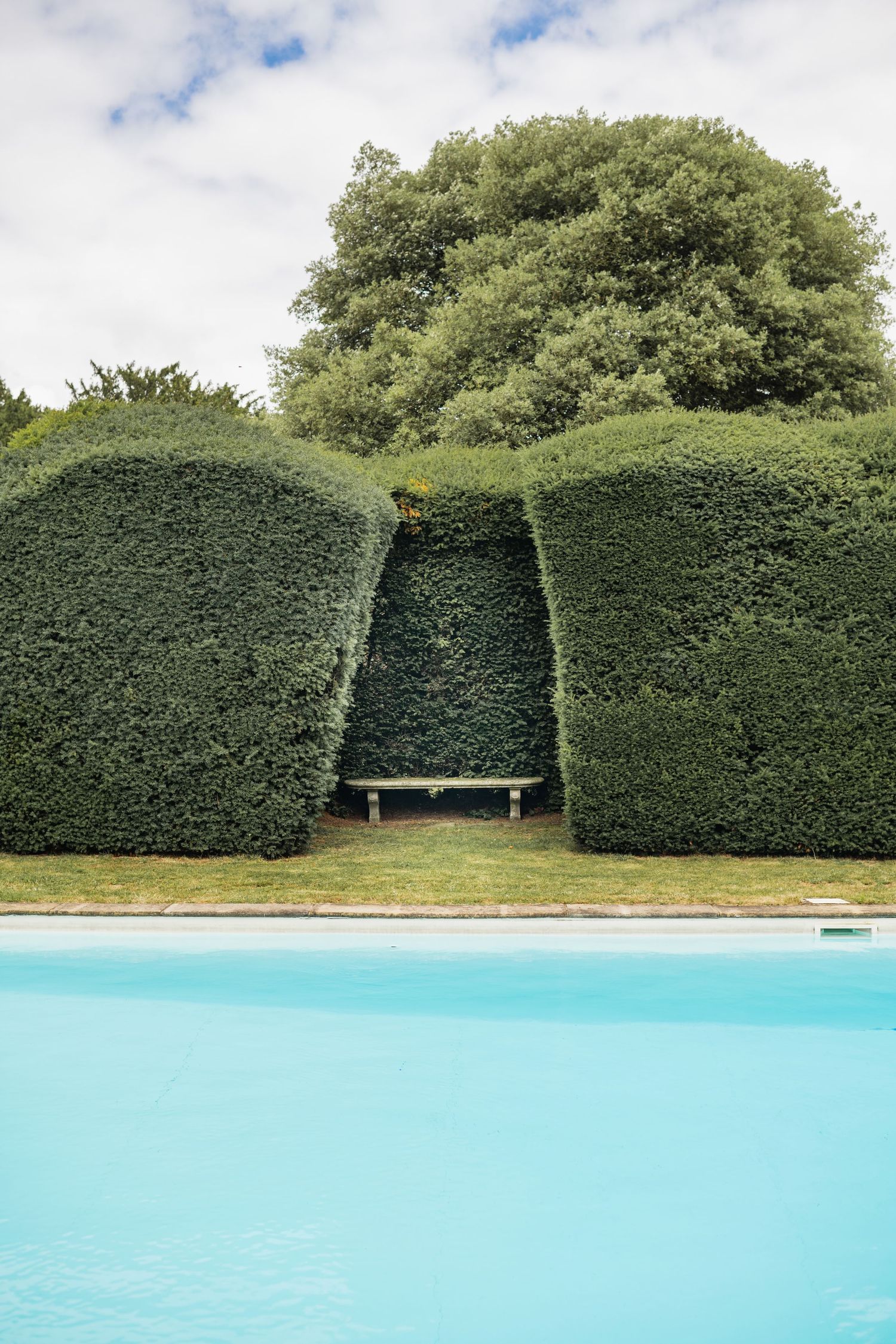 Perfectly manicured hedge garden with a hidden bench nook beside a turquoise swimming pool.