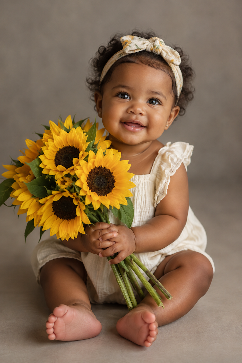 Smiling baby girl in white romper holding sunflower bouquet, wearing bow headband, seated on gray studio backdrop.