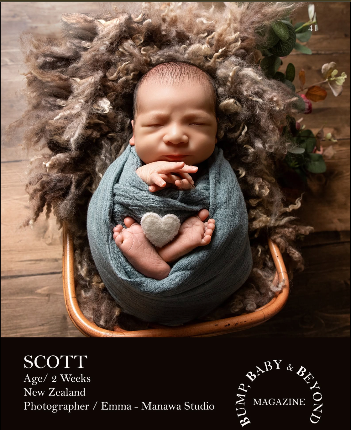 Newborn baby Scott, 2 weeks old, wrapped in teal cloth on fluffy brown rug, featured in Bump Baby & Beyond Magazine, New Zealand.