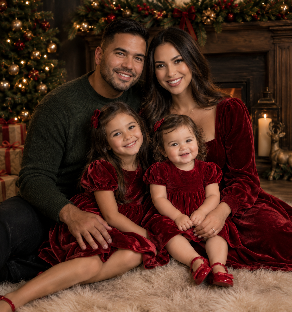 Family of four posing for a Christmas portrait with decorated tree and gifts in the background.