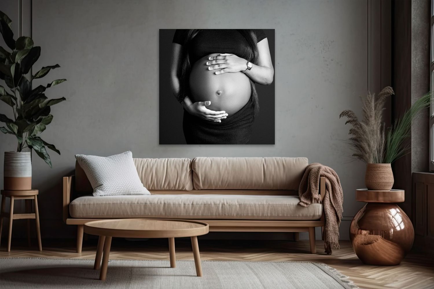 A stunning maternity bump artwork displayed in a lounge setting, showing how beautifully it transforms a room.