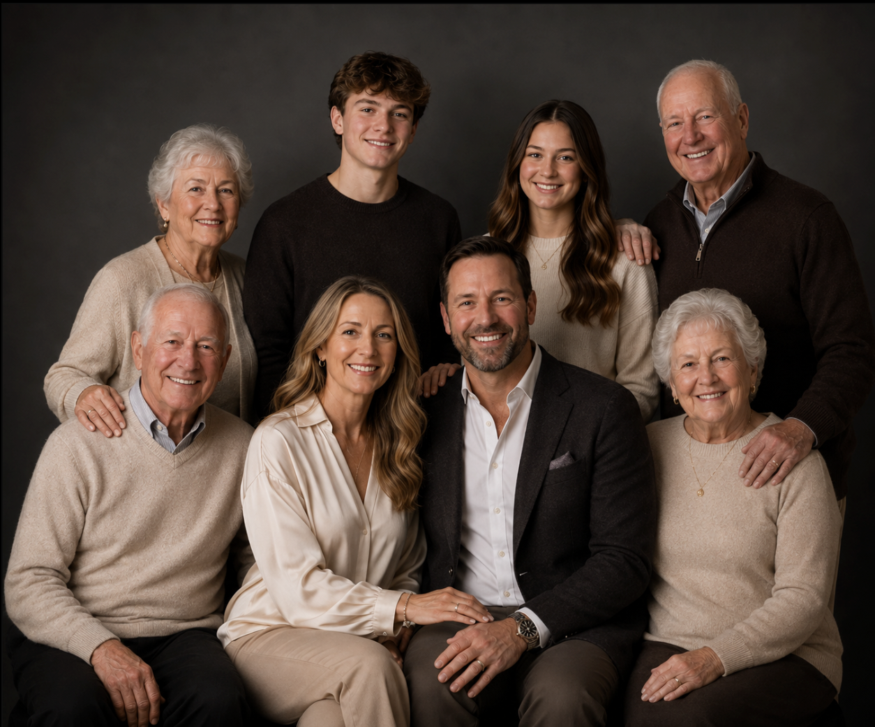 Multi-generational family portrait of eight people posing together against a dark gray studio background.