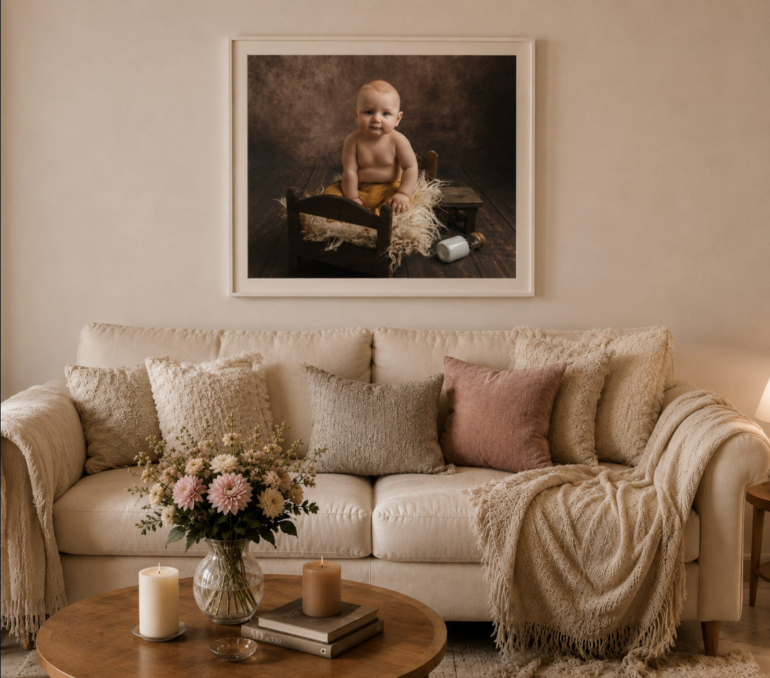 A framed baby portrait hangs above a beige sofa with pink and neutral pillows in a warm, cozy living room.