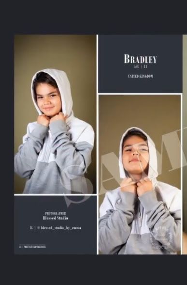 Young boy named Bradley, age 11 from United Kingdom, posing in a grey hoodie for Blessed Studio photography.