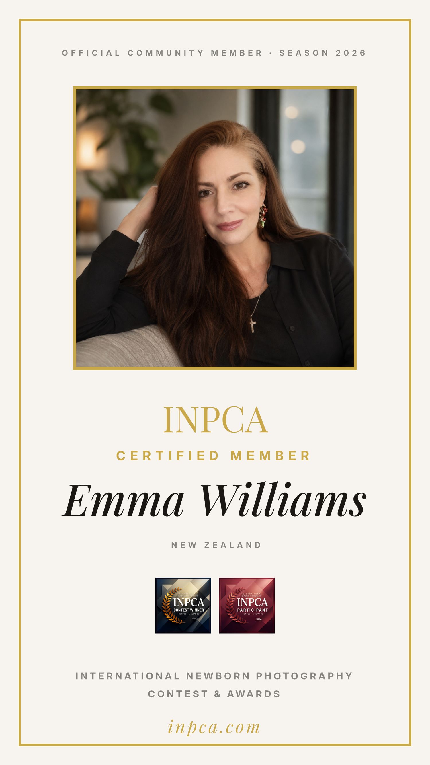 INPCA certified member Emma Williams from New Zealand official Season 2026 community membership card.