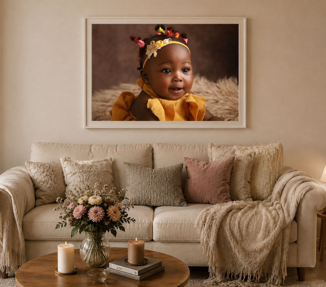 Smiling Black baby girl in yellow ruffled outfit and floral headband, framed photo displayed above a beige sofa in a cozy living room.