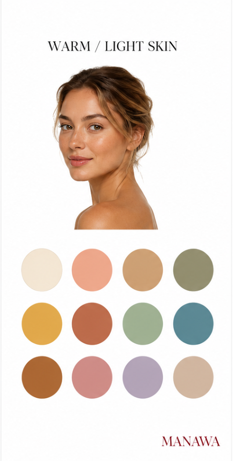 Color palette guide for warm light skin tones featuring 12 earth-toned swatches including peach, sage, teal, and mauve.