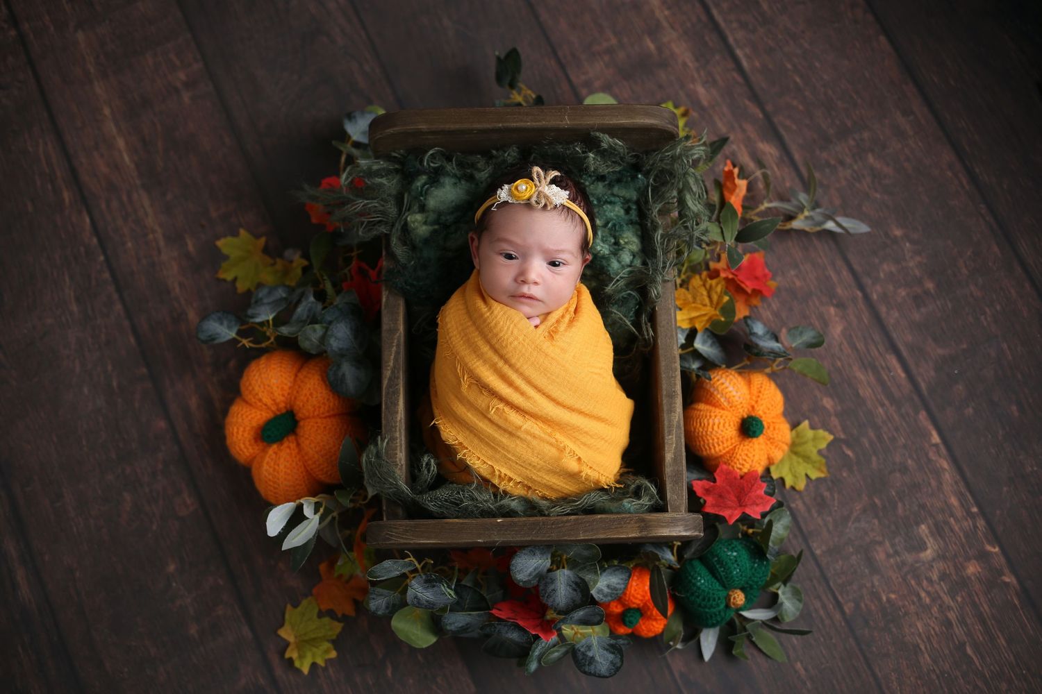 Newborn baby wrapped in yellow swaddle in wooden crate with fall pumpkins and colorful autumn leaves.