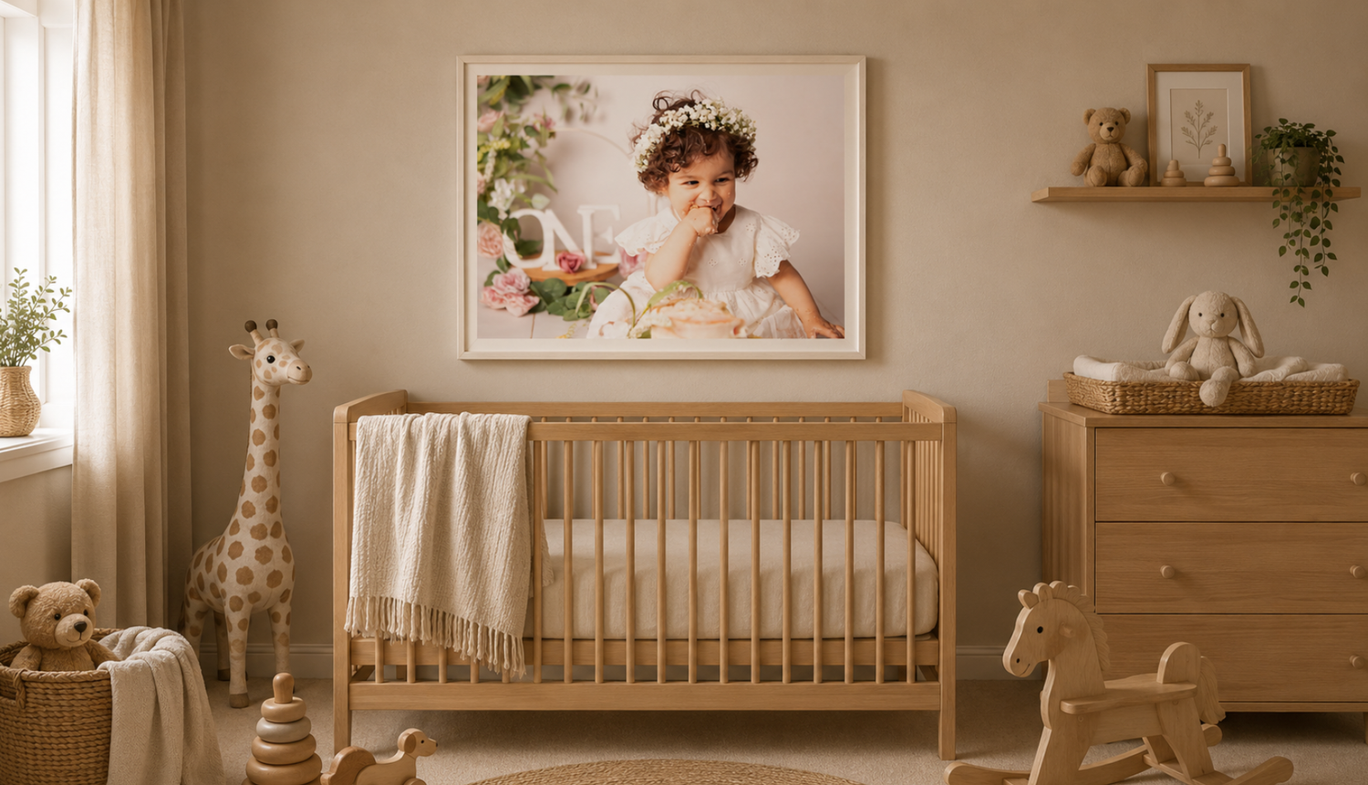 Cozy neutral nursery with wooden crib, giraffe toy, dresser, and framed floral portrait of a baby girl on the wall.