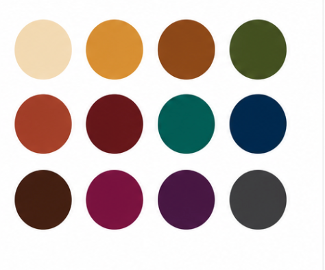 A fall color palette featuring 12 circles in warm earth tones, deep jewel tones, and muted neutrals arranged in a grid.