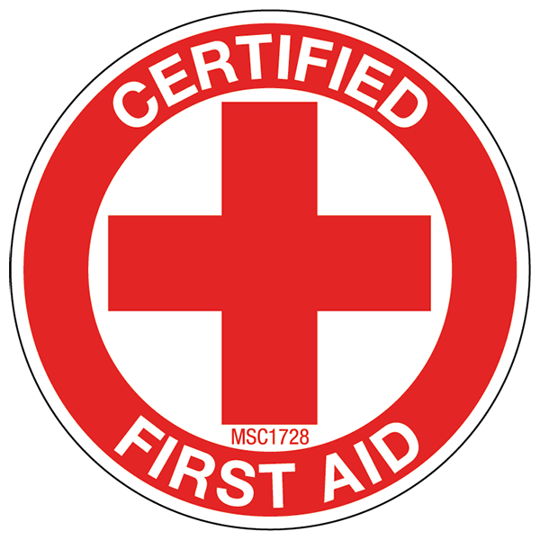 Red and white certified first aid badge with a cross symbol and MSC1728 label.