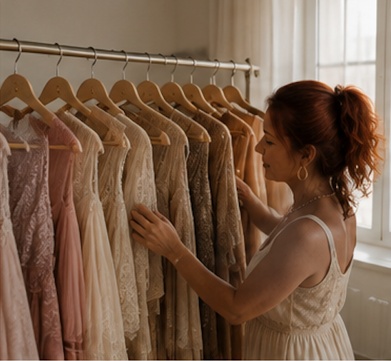 A woman with red hair browses elegant blush and pink dresses on a wooden clothing rack in a bright, airy room.