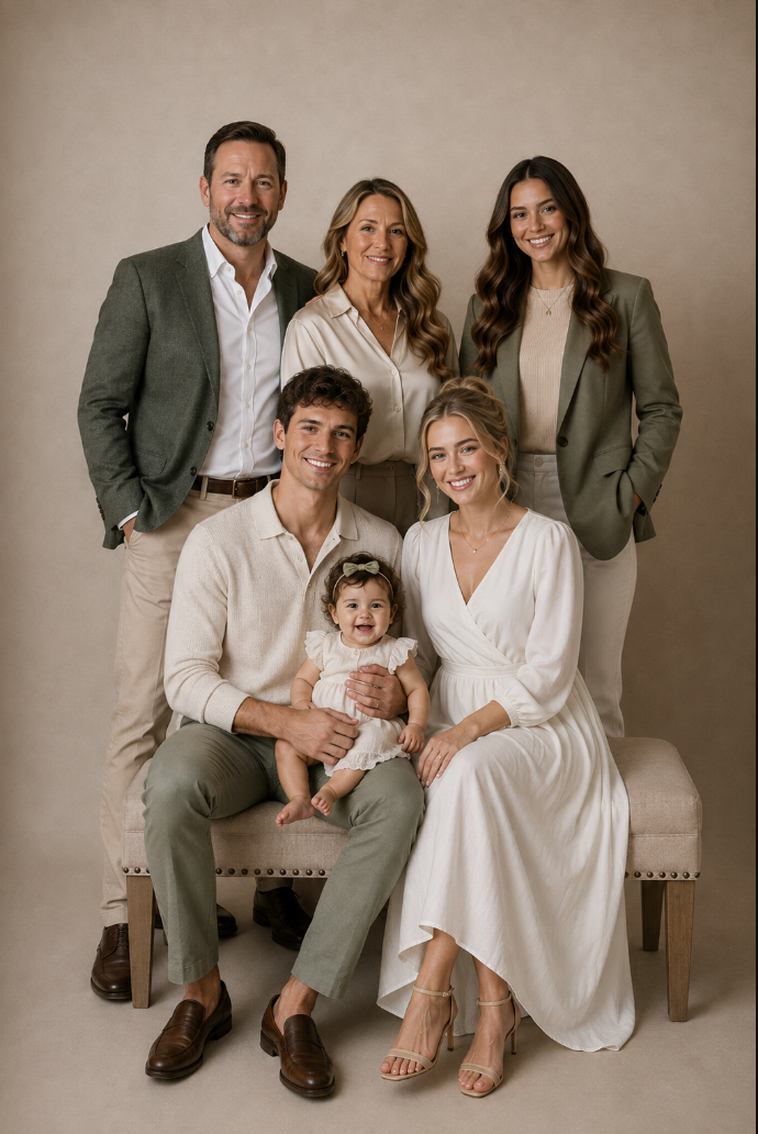 Professional family portrait of six people in neutral tones, posing warmly with a baby in a studio setting.