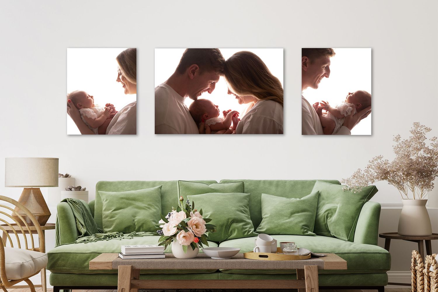 A delicate set of three family newborn images in soft white tones, capturing tenderness and connection.