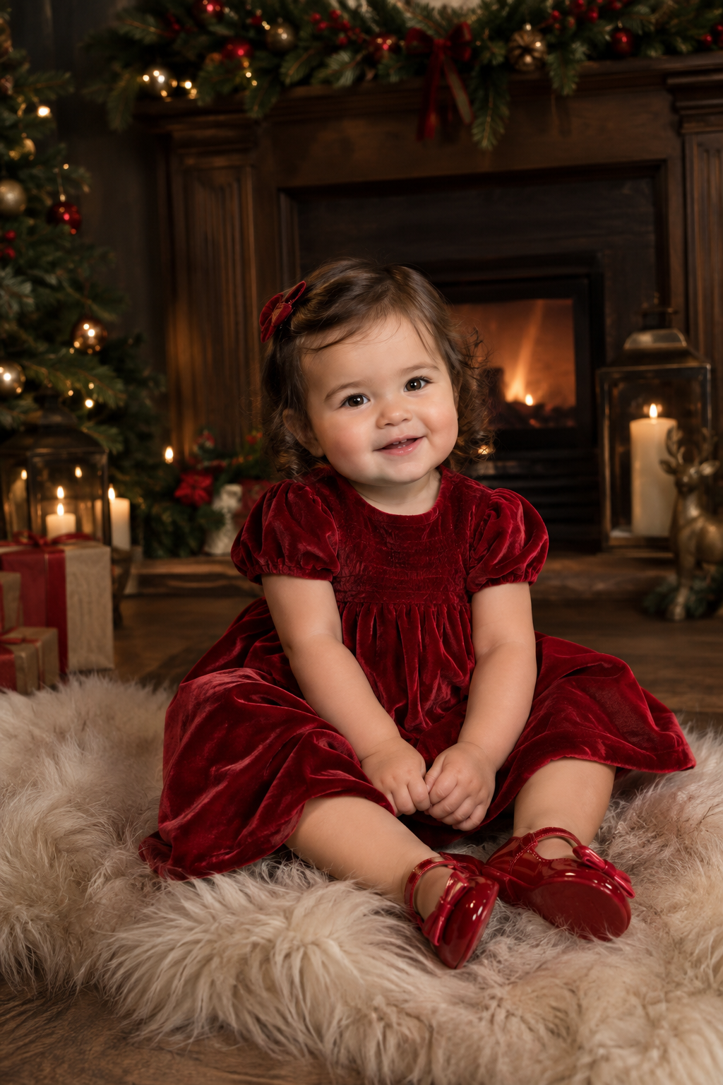 Smiling toddler girl in red velvet dress sitting on fur rug by decorated Christmas fireplace with gifts.
