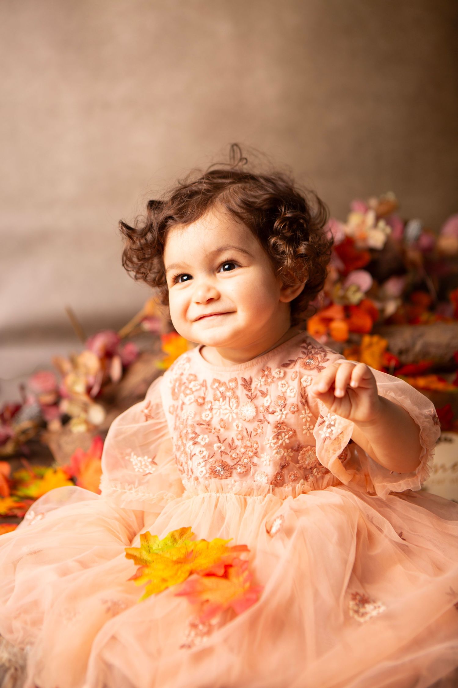Smiling toddler girl in pink lace dress surrounded by autumn leaves and flowers in a fall-themed portrait.