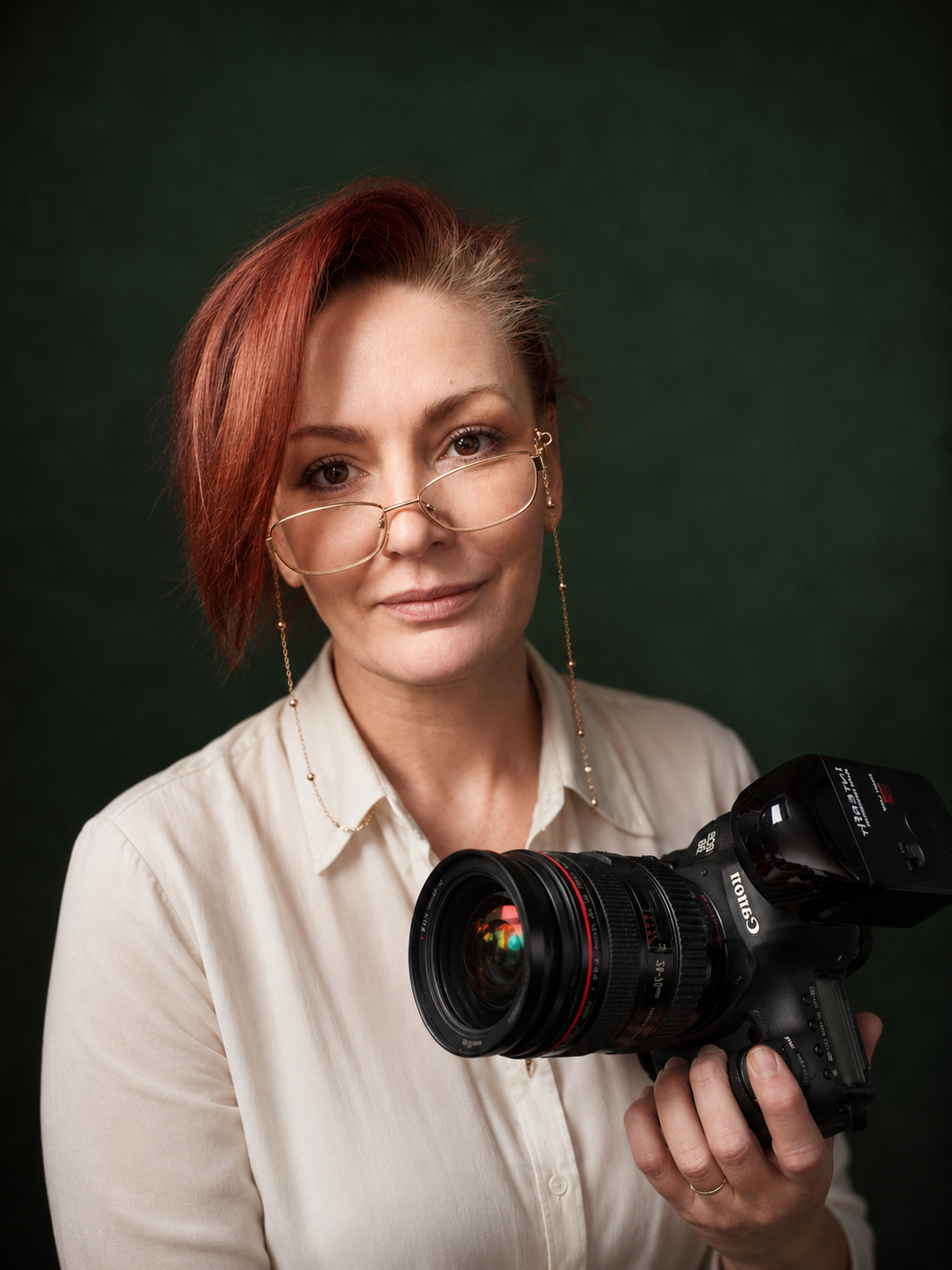 Female photographer with red hair and glasses holding a Canon DSLR camera against a dark green background.