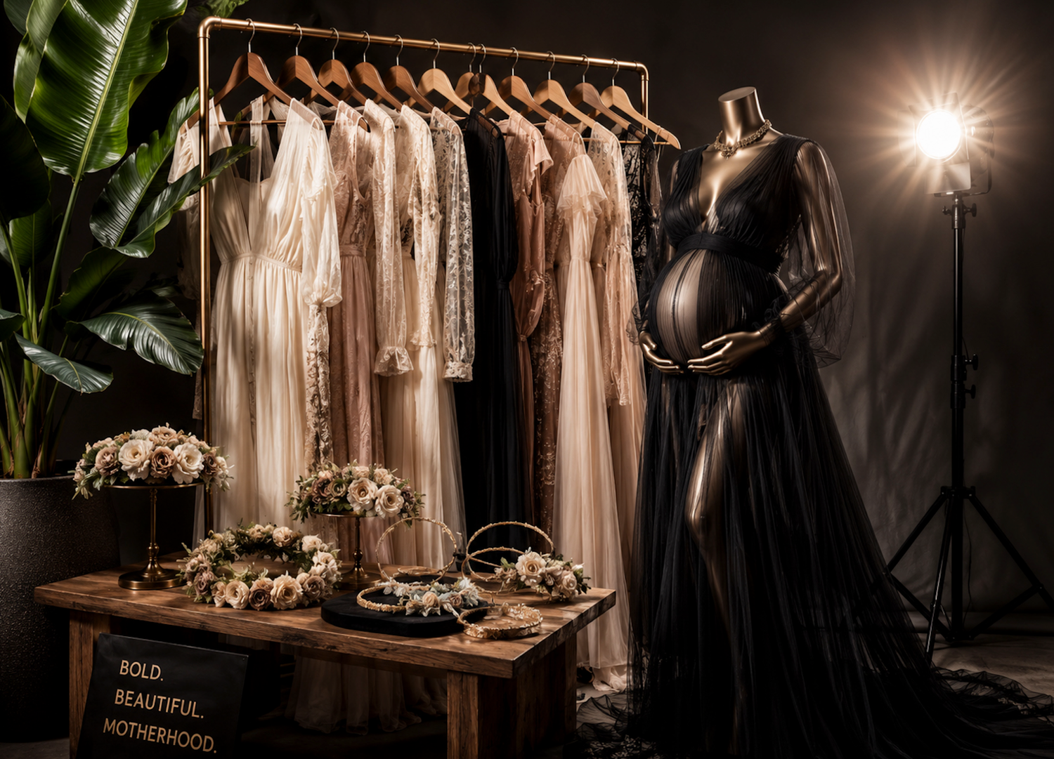 Elegant maternity photography studio setup with gowns on rack, floral props, and a pregnant mannequin.