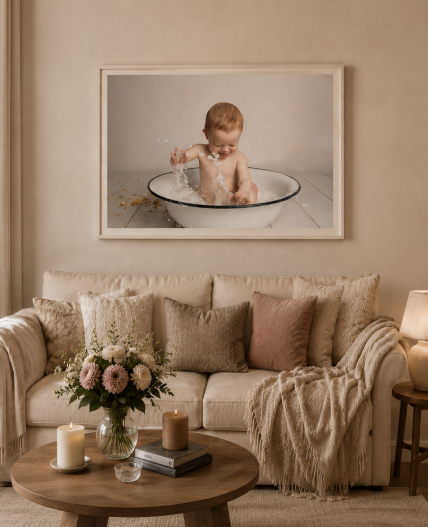 Cozy beige living room with framed baby photo above a cream sofa, throw pillows, knit blanket, and floral centerpiece on wood table.