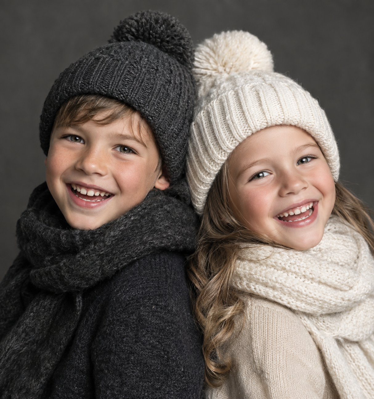 Two smiling children wearing cozy knit winter hats and scarves, one in gray and one in cream, posing together.