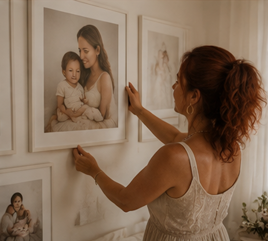 A woman with auburn hair hangs a framed portrait of a mother and child on a white gallery wall.