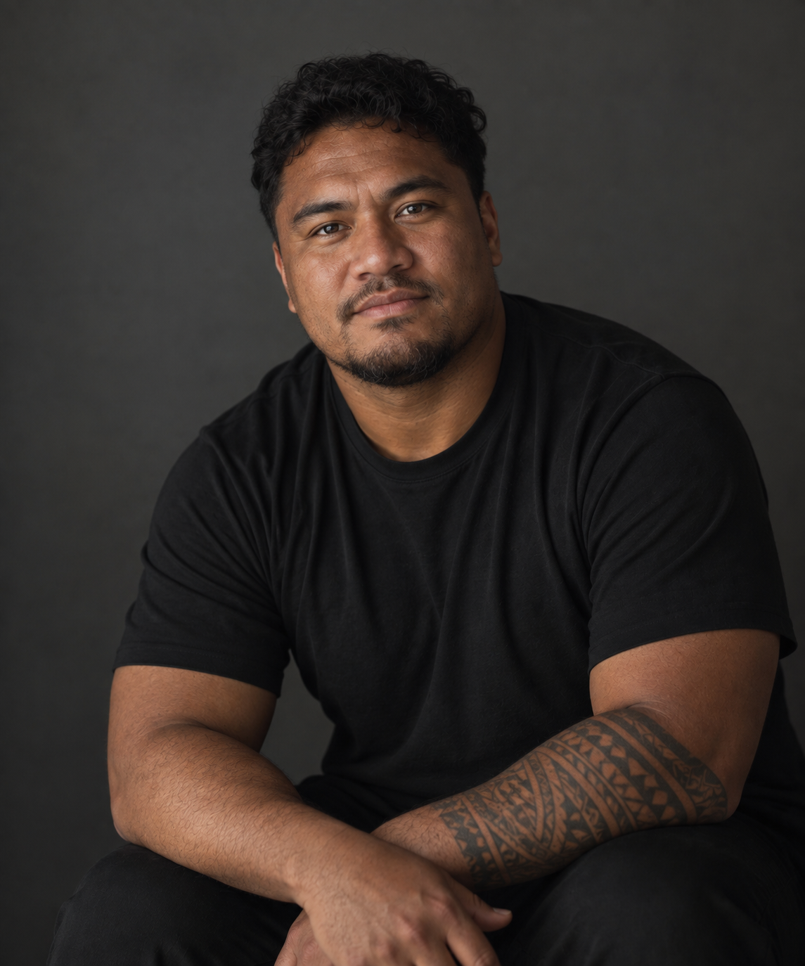 Man in black t-shirt with tribal arm tattoo poses against dark background in professional portrait photo.