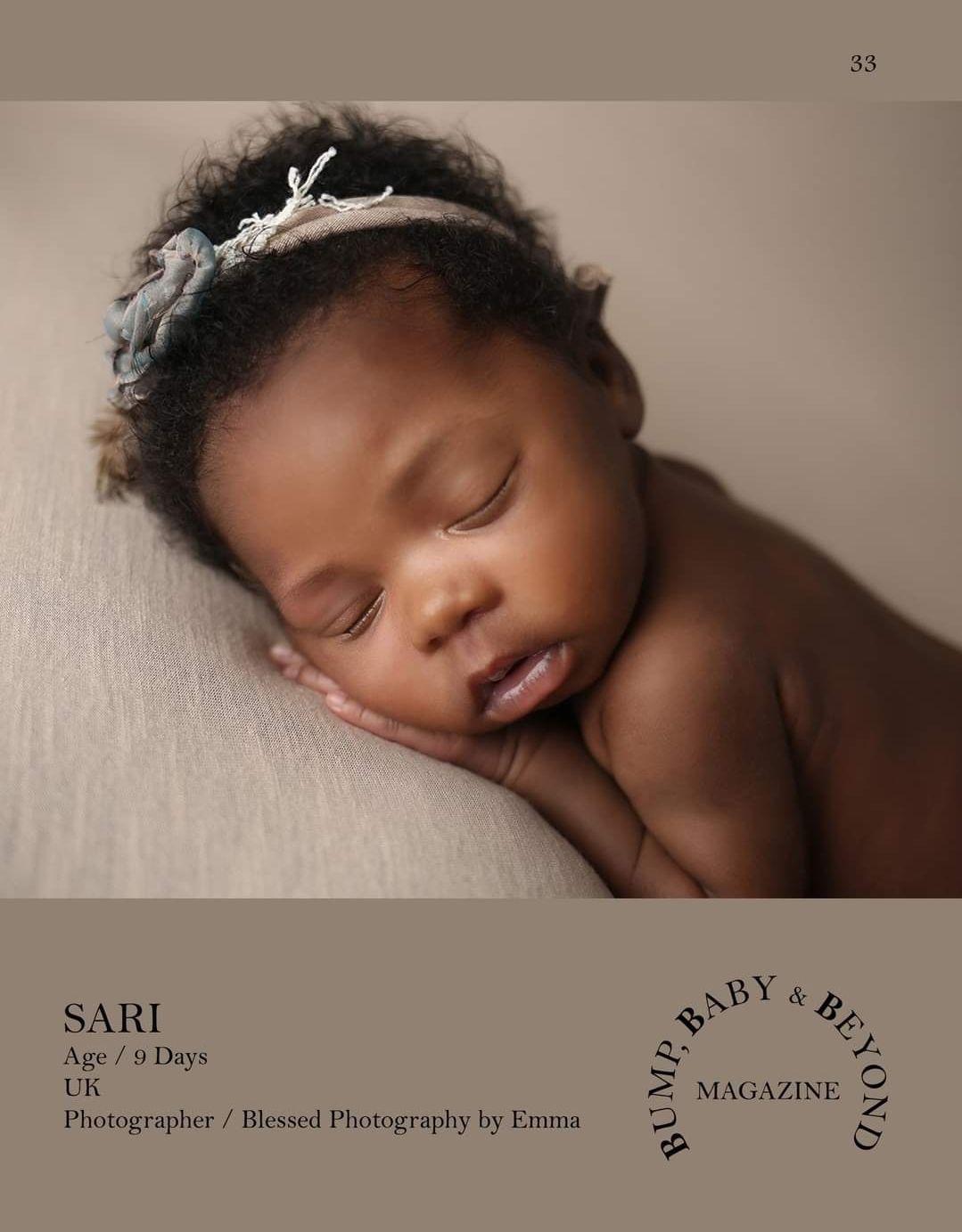Newborn baby Sari, 9 days old, sleeping peacefully in a Bump Baby and Beyond Magazine feature photo.