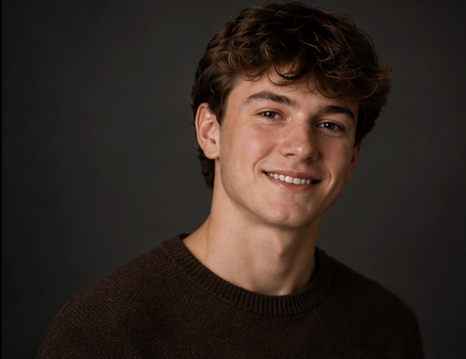 Young man with brown wavy hair smiling confidently, wearing a dark brown sweater against a dark studio background.