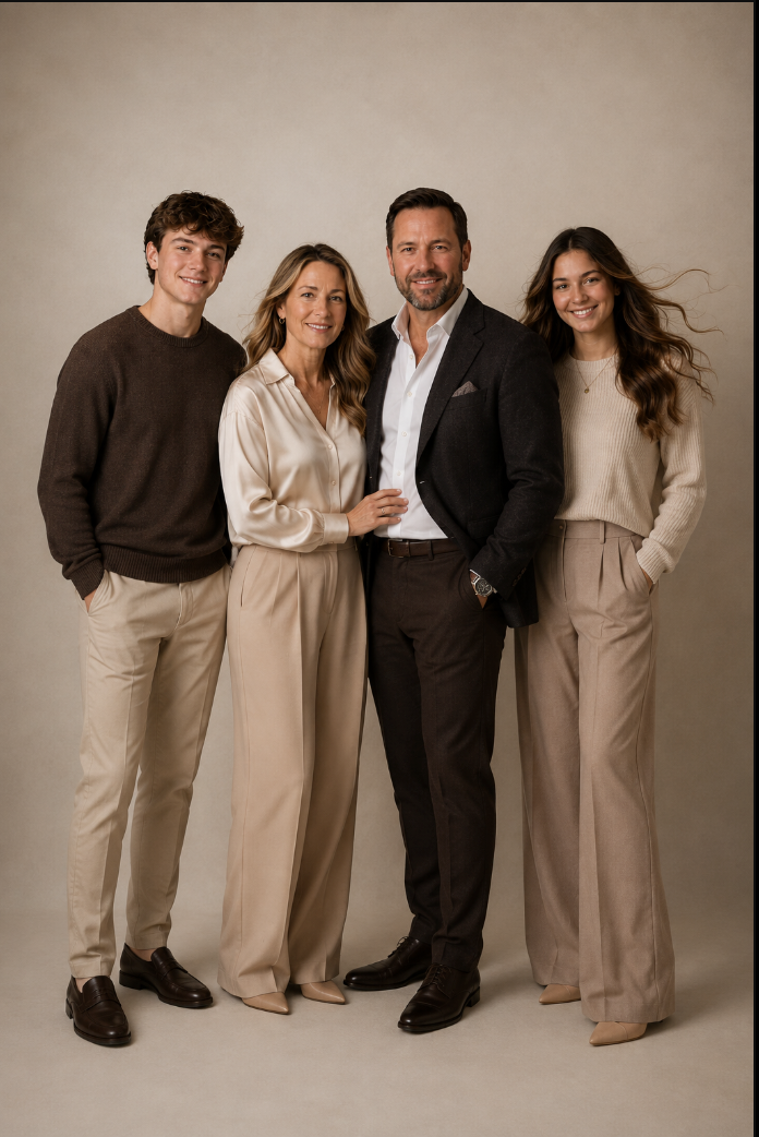 A smiling family of four poses together in coordinated neutral beige and brown outfits against a warm studio background.