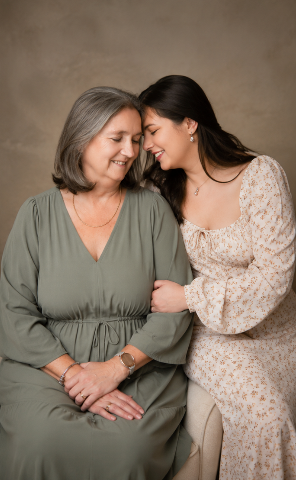 Two women in elegant dresses share a joyful moment, smiling together in a warm studio portrait.
