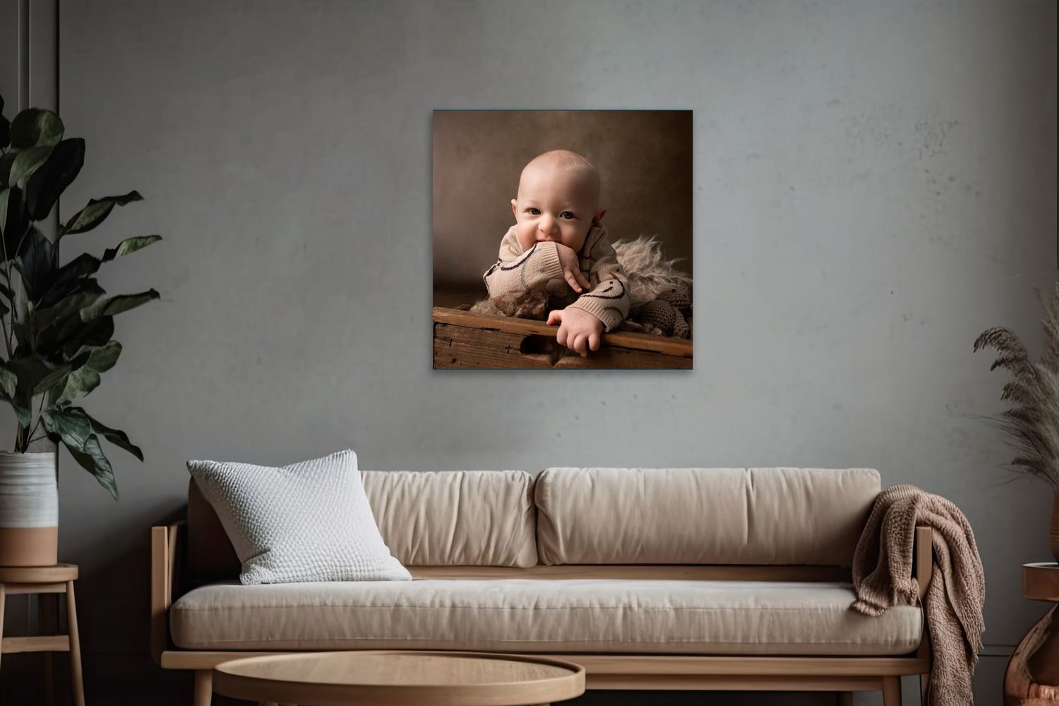 A baby portrait canvas print displayed above a beige sofa in a modern living room with neutral tones.