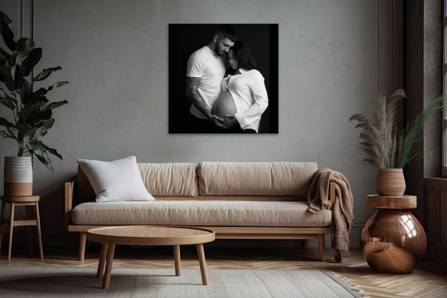 Elegant black and white maternity artwork capturing mum and dad together, beautifully displayed as wall art.