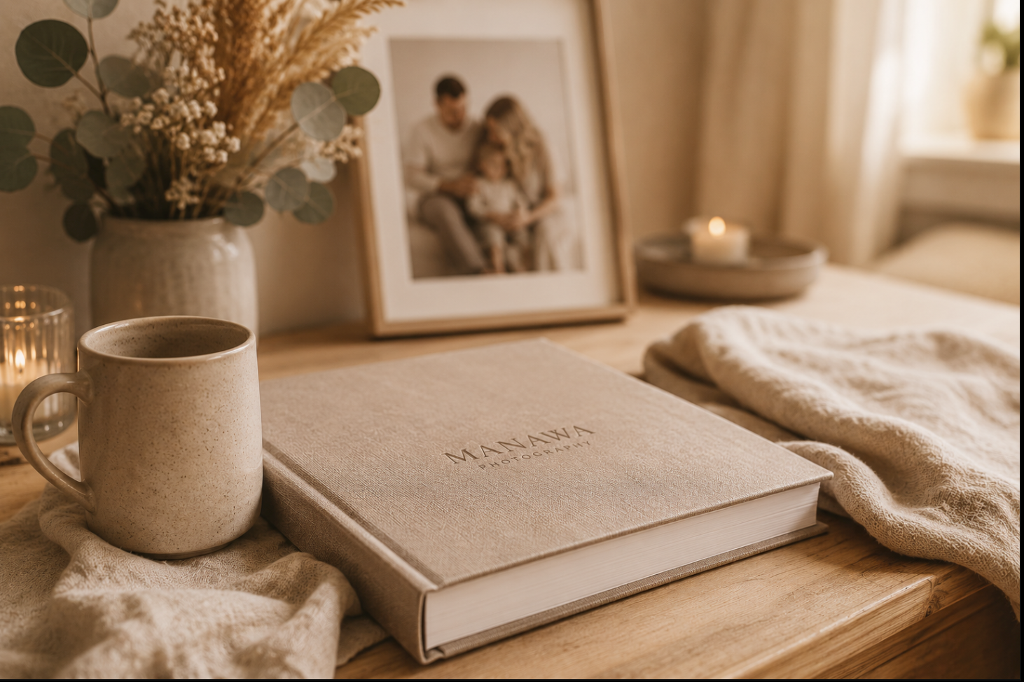 Cozy home decor with a linen photo album, ceramic mug, floral vase, and framed family photo on a wooden table.