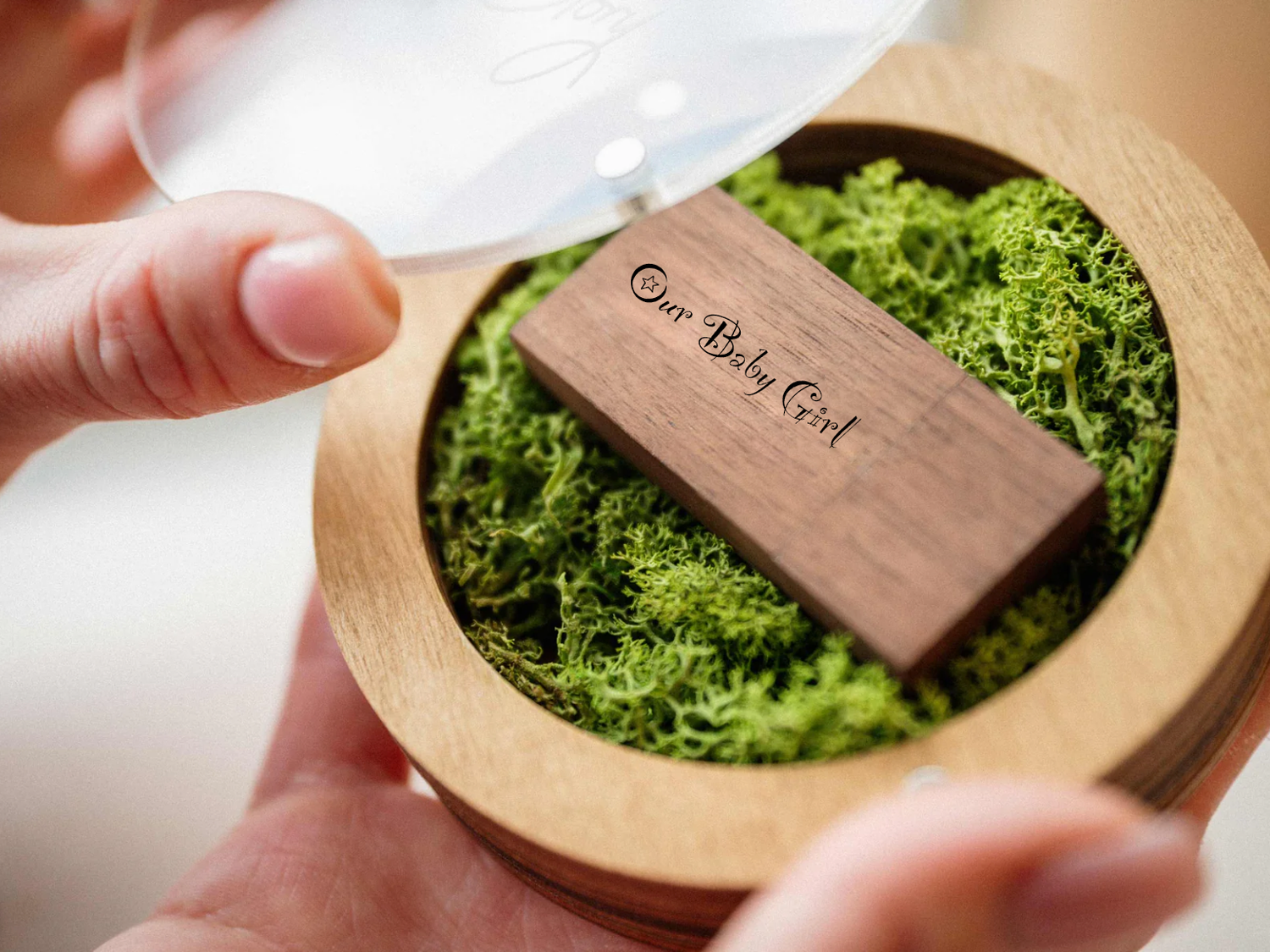 Elegant wooden box personalised just for you, complete with USB — a treasured keepsake for storing all your images safely.
