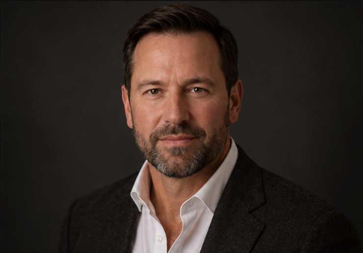 Professional headshot of a confident middle-aged man with beard wearing a dark blazer and white shirt.