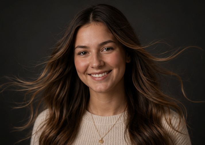Smiling young woman with flowing brown hair wearing a cream sweater and gold necklace against a dark background.
