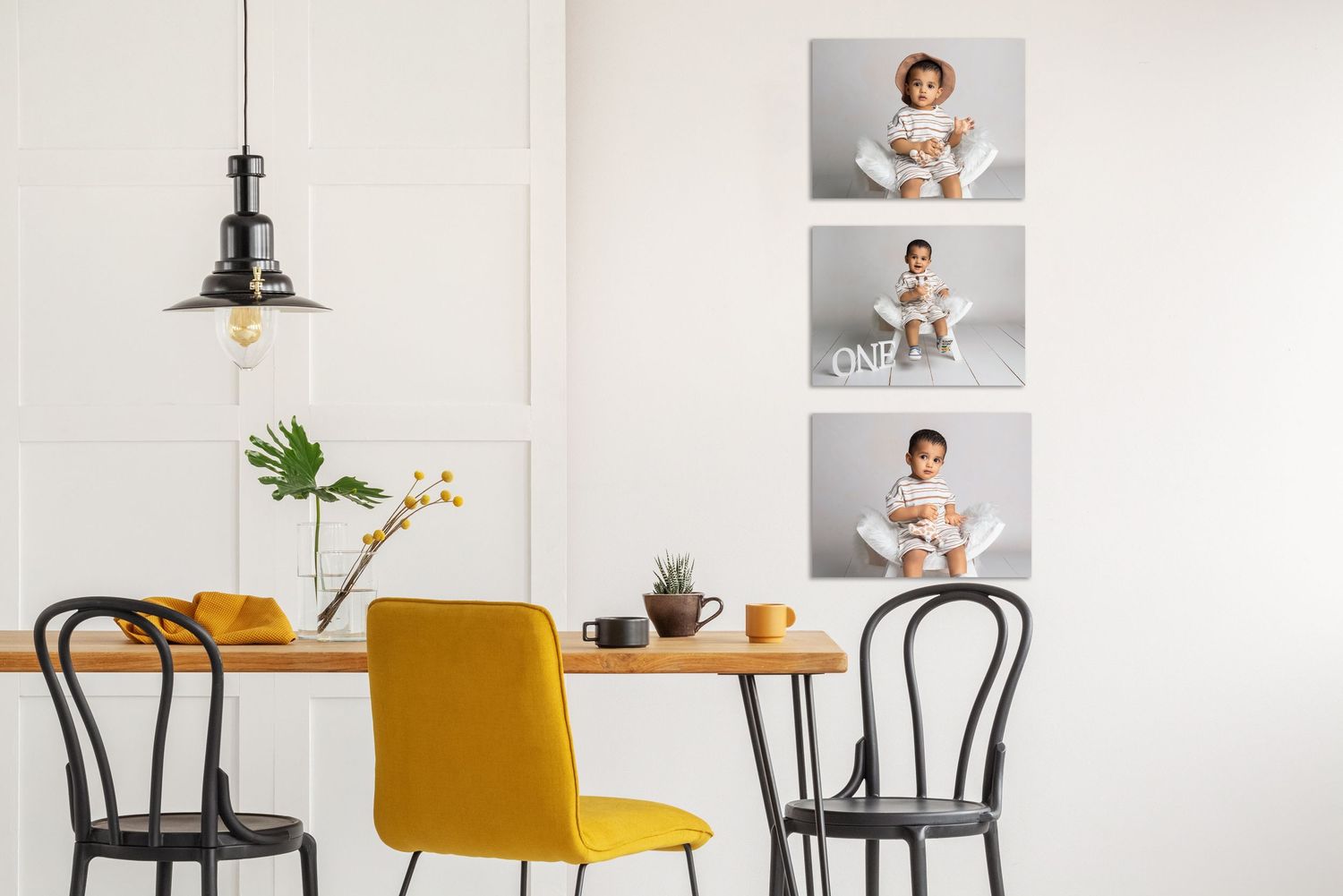 A stylish kitchen display featuring first birthday wall art, showcasing how beautifully images transform a home.