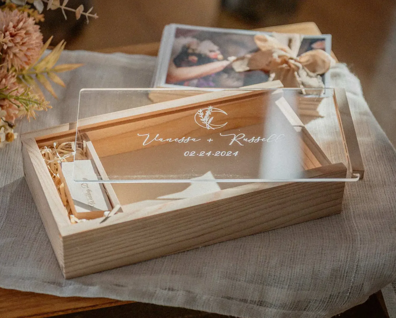 Wooden keepsake box with clear personalised lid — safely stores your prints and USB together in one elegant, treasured piece.
