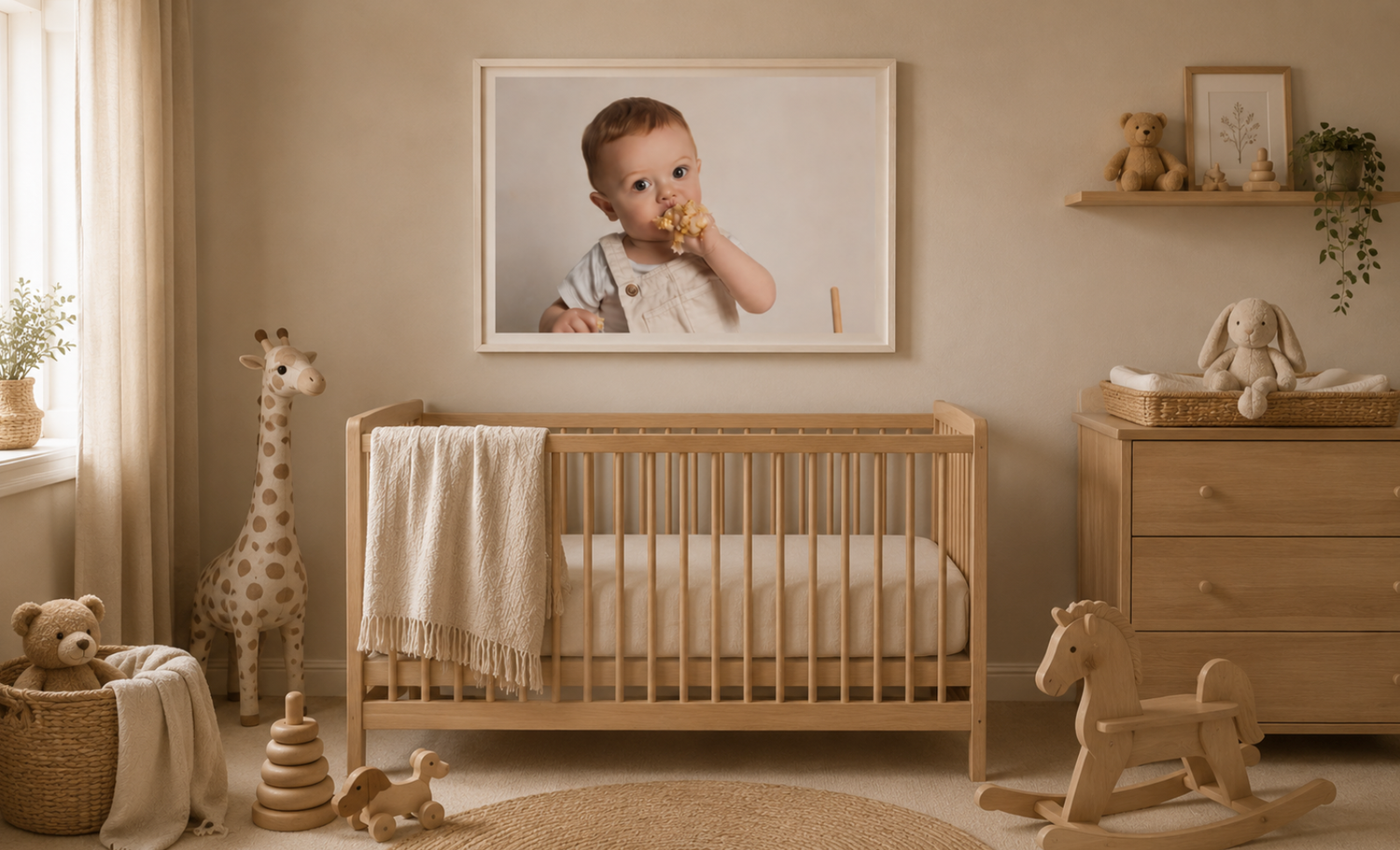 A cozy neutral-toned nursery with a wooden crib, giraffe toy, dresser, and a framed baby photo on the wall.