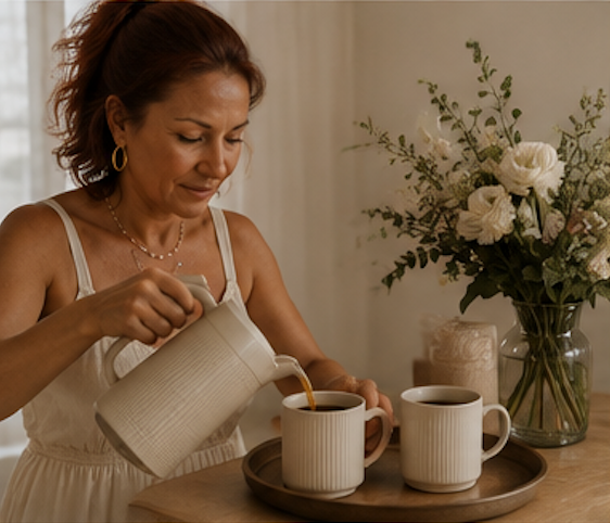Woman pouring coffee into mugs on a wooden tray beside a floral arrangement in a bright, elegant home setting.
