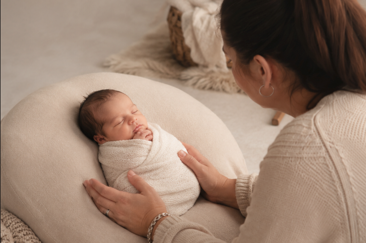 Mother tenderly watching her swaddled newborn baby resting on a cream nursing pillow during a photo session.