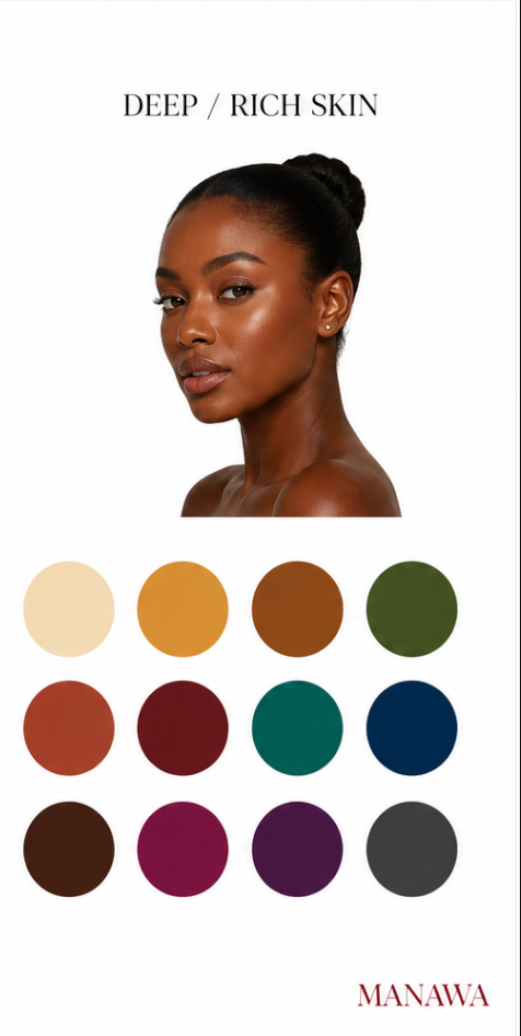Color palette guide for deep and rich skin tones featuring warm earth tones, jewel tones, and muted neutrals.