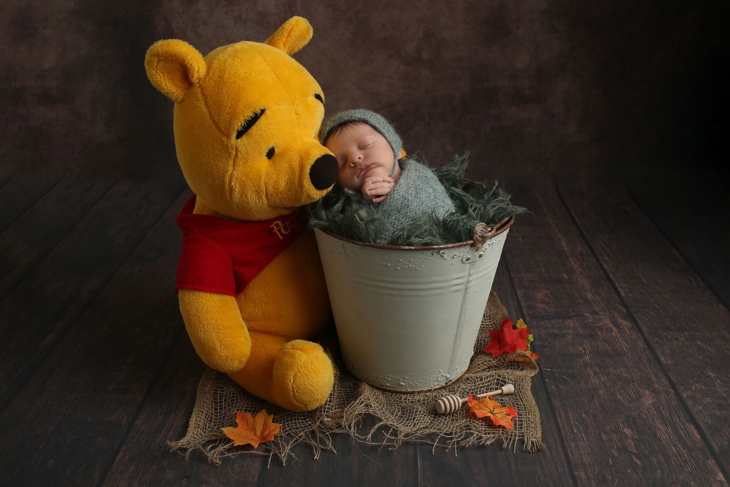 Newborn baby sleeping in a bucket beside a Winnie the Pooh stuffed animal on a rustic wood floor.