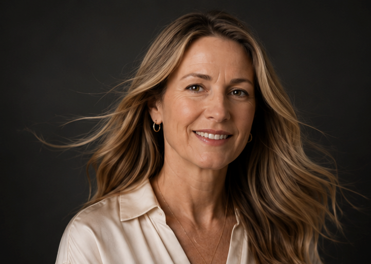 Smiling woman with long blonde hair wearing a white blouse poses for a professional portrait against a dark background.