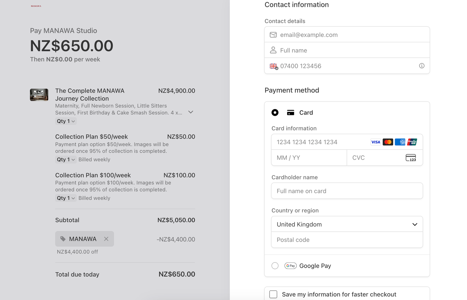 Checkout page showing NZ$650 payment form with contact details, card payment options, and order summary for digital products.