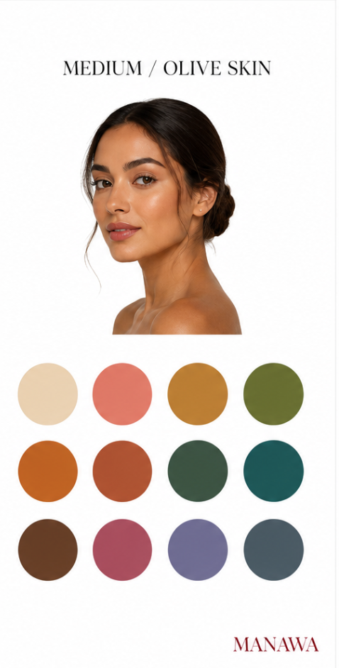 Color palette guide for medium olive skin tones featuring warm earth tones, terracotta, olive green, and muted blues.
